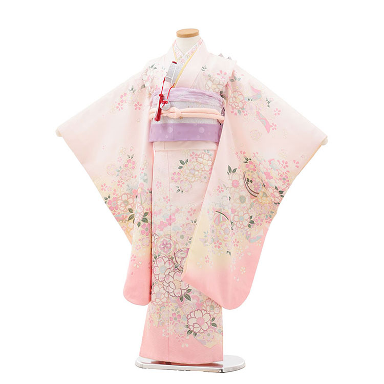 【賃借】七五三賃借（7歳御嬢さん挙げ句の果て帯） 7348 薄サクラ色 鞠 桜 今めかしい 好いたらしい 一般受け  挙げ句の果て帯 七五三賃借 お召しもの賃借 フルセット 帯 フルセット賃借 6歳 7歳御姉さん 数え年 赤ちゃん 御前上等 愛くるしげ  京都 和装 新品足袋差し上げ物 往復貨物輸送無料