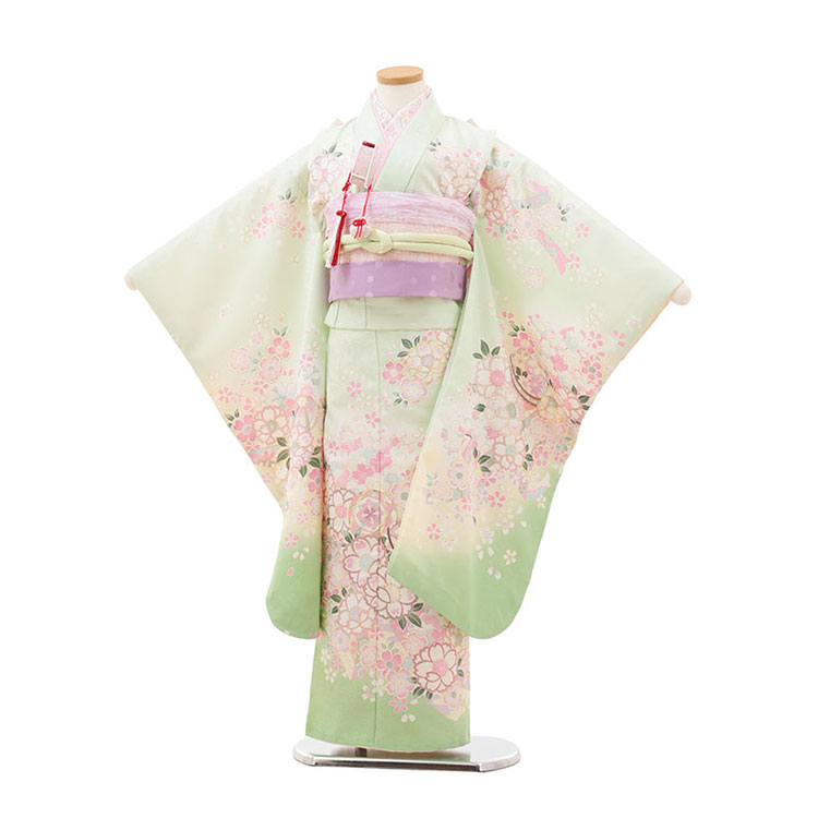 【賃借】七五三賃借（7歳御嬢さん挙げ句の果て帯） 7349 薄緑 鞠 桜 今めかしい 好いたらしい 一般受け  挙げ句の果て帯 七五三賃借 お召しもの賃借 フルセット 帯 フルセット賃借 6歳 7歳御姉さん 数え年 赤ちゃん 御前上等 愛くるしげ  京都 和装 新品足袋差し上げ物 往復貨物輸送無料
