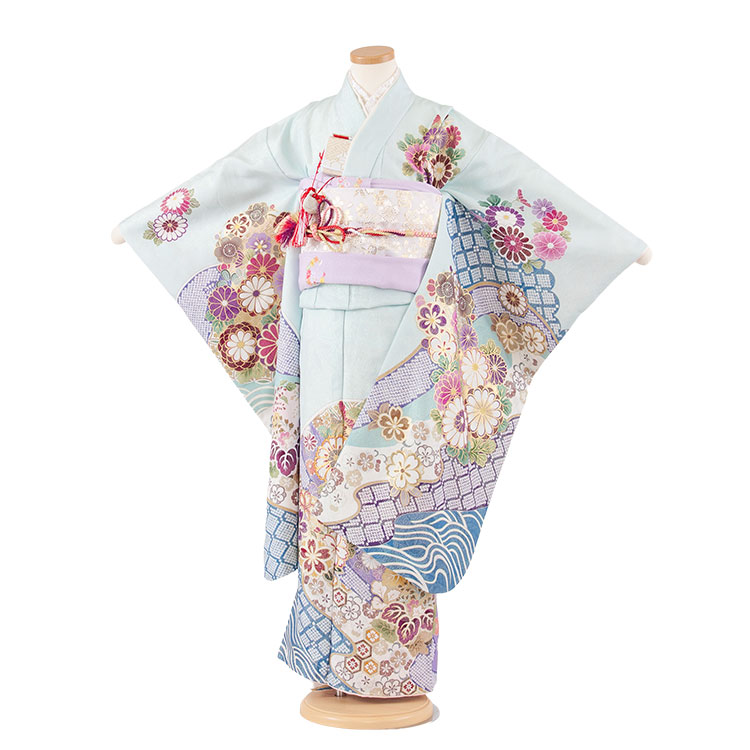 【賃借】【正絹】七五三賃借（7歳御嬢さん袋帯）御姉さん 好いたらしい 今めかしい 一般受け  袋帯 お召しもの賃借 フルセット 帯 フルセット賃借 6歳 7歳 数え年 赤ちゃん 御前上等 京都 和装 新品足袋差し上げ物 往復貨物輸送無料 桂由美 水色地 金彩 波に花 Z001