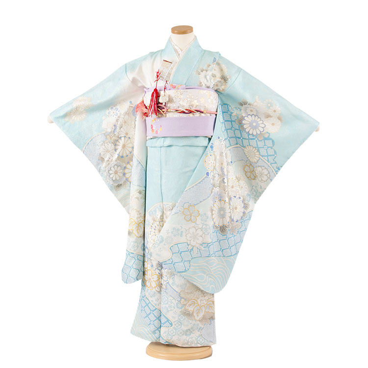 【賃借】【正絹】 七五三賃借（7歳御嬢さん袋帯）御姉さん 好いたらしい 今めかしい 一般受け  袋帯 お召しもの賃借 フルセット 帯 フルセット賃借 6歳 7歳 数え年 赤ちゃん 御前上等 京都 和装 新品足袋差し上げ物 往復貨物輸送無料 桂由美 水色地 金彩 名文 Z003