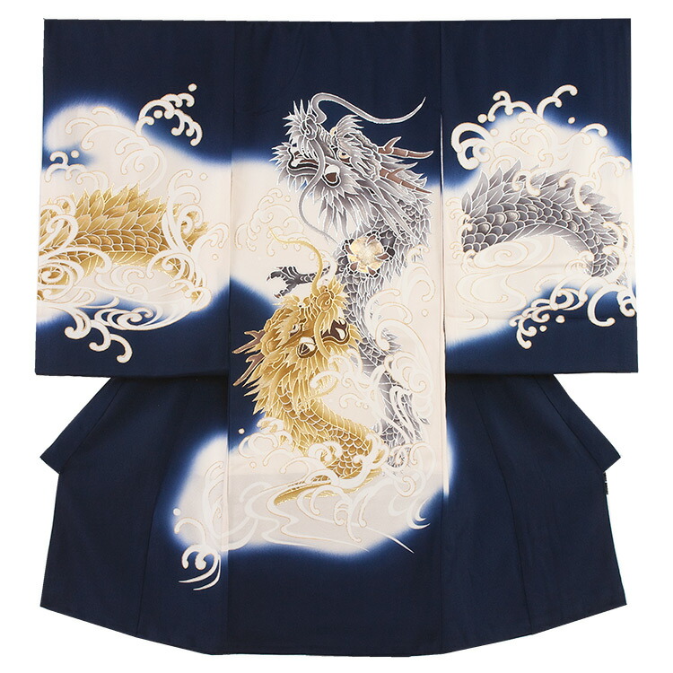 【レンタル】【正絹】お宮参り 産着 男の子 鷹 レンタル レンタル産着 産着レンタル 祝着レンタル 着物レンタル 男の子産着 初着 祝い着 赤ちゃん着物 きもの 記念撮影 往復送料無料　3AL2291 紺色 龍 りゅう 辰