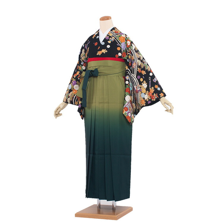 【レンタル】 卒業式　袴レンタル レンタル袴女袴（8184）黒地総柄/緑袴95 着物レンタル　卒業袴　フルセットレンタル　大人用　先生用　女性　大学　短大　専門学校　謝恩会　卒業式袴　２月　３月　４月　袴レンタル　春　往復送料無料★fy16REN07★