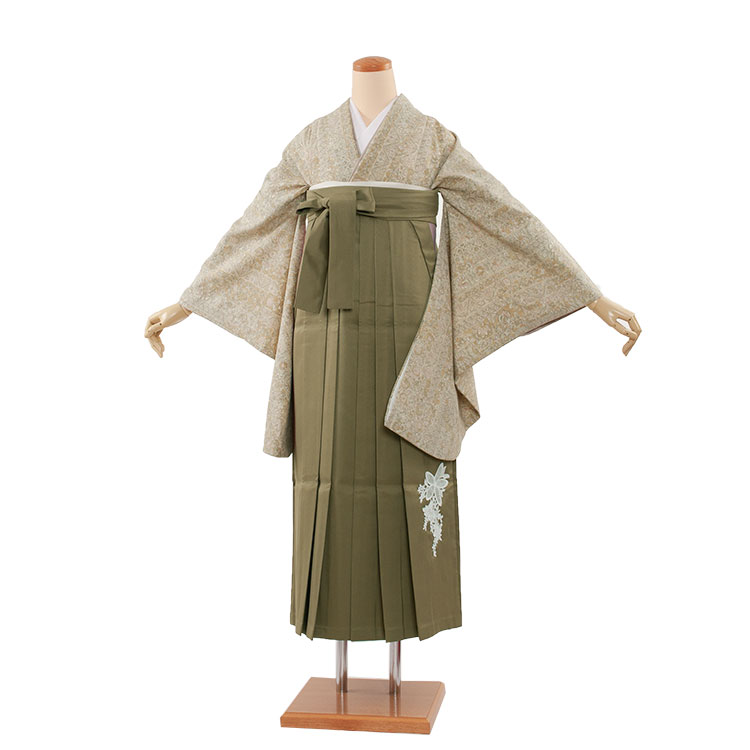 【レンタル】 卒業式 袴 フルセットレンタル 1600 カーキグリーン おしゃれ 人気 かわいい おすすめ 卒業袴レンタル 卒業式袴セット 着物 着付けセット 女性 女の子 女子 大人 小学校 大学生 専門学生 洋柄 ボタニカル 上品 レトロ ナチュラル 足袋プレゼント 往復送料無料