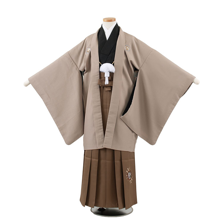 【レンタル】【かんたん着付け袴】小町kids グレージュ×茶 1688 小学校 卒業式 13参り 羽織袴 13歳 セット 袴 男の子 男の子 フルセット レンタル 簡単着付け 13歳男の子 はかま 男児 袴セット おしゃれ 和装 貸衣装 新品足袋プレゼント ★往復送料無料★|着物レンタル 京都ちりめんや