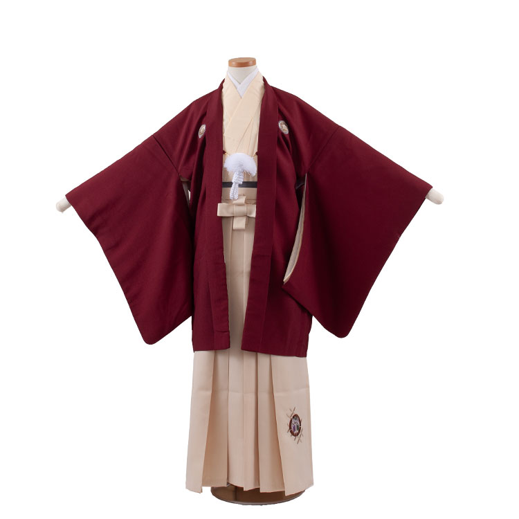 【レンタル】【かんたん着付け袴】小町kidsワイン×クリーム 1693 小学校 卒業式 13参り 羽織袴 13歳 セット  袴 男の子 男の子 フルセット レンタル 簡単着付け 13歳男の子 はかま 男児 袴セット おしゃれ 和装 貸衣装 新品足袋プレゼント ★往復送料無料★
