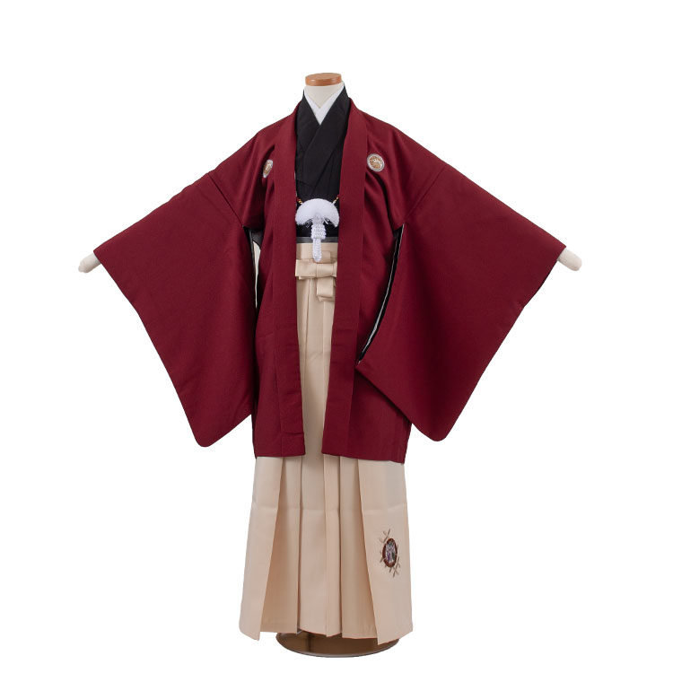 【レンタル】【かんたん着付け袴】小町kidsワイン×クリーム 1694 小学校 卒業式 13参り 羽織袴 13歳 セット  袴 男の子 男の子 フルセット レンタル 簡単着付け 13歳男の子 はかま 男児 袴セット おしゃれ 和装 貸衣装 新品足袋プレゼント ★往復送料無料★