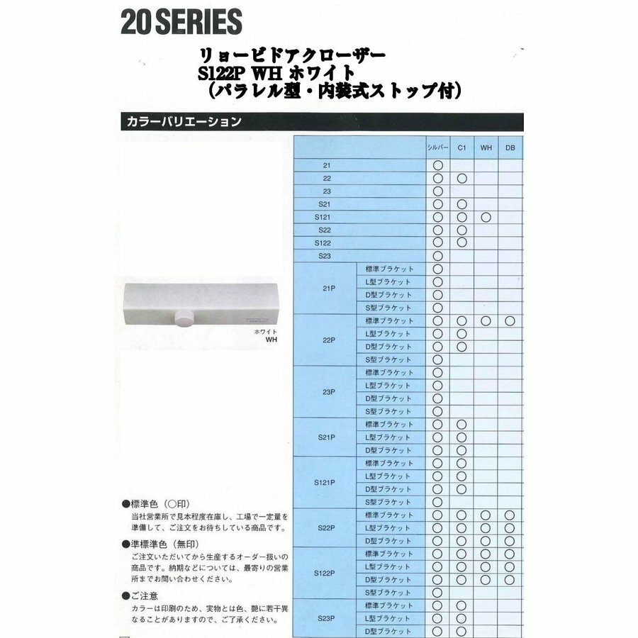 リョービ ドアクローザー S122P WH ホワイト色(パラレル型・内装式ストップ付)木製・アルミドア用ドアクローザー ドアチェック