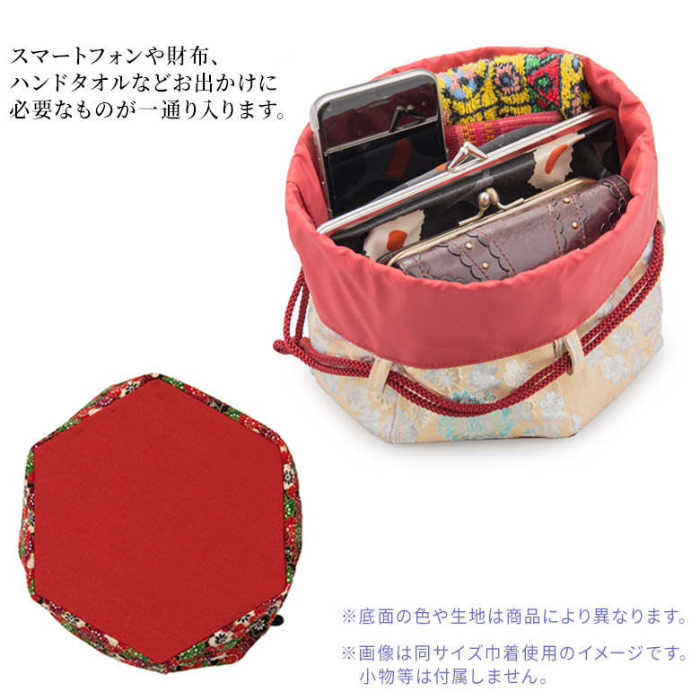 ネコポス便可巾着和柄着物浴衣エンジ金黒ワインピンク梅桜花柄