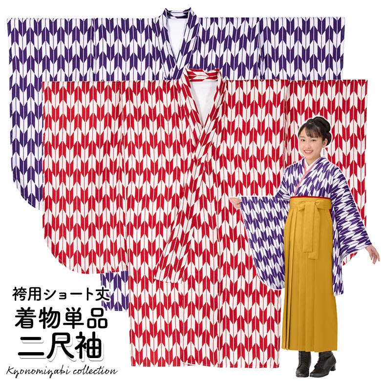【小振袖 二尺袖 御召しもの単品】遊撃手丈御召しもの 小紋柄 袴専用 矢絣 紫 赤 レトロモダン はいからさん 卒式袴 卒式御召しもの 卒服 レディース