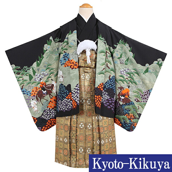 【賃借】七五三お召しもの御坊っちゃんフルセット【袴 3歳】753B3-23 黒地 兜 金花紋【七五三賃借お召しもの 五歳三歳】 着物セット-キッズ・ベビー・マタニティ