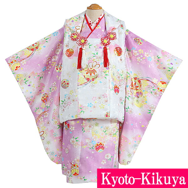 【レンタル】七五三 着物 3歳 三歳 女の子 被布 フルセット レンタル 753G3-65 薄紫×白 鞠 小花