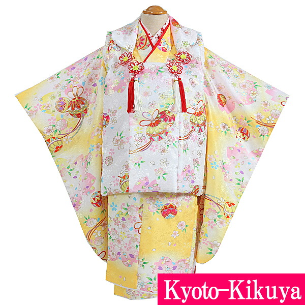 【レンタル】七五三 着物 3歳 三歳 女の子 被布 フルセット レンタル 753G3-66 黄色×白 鞠 小花