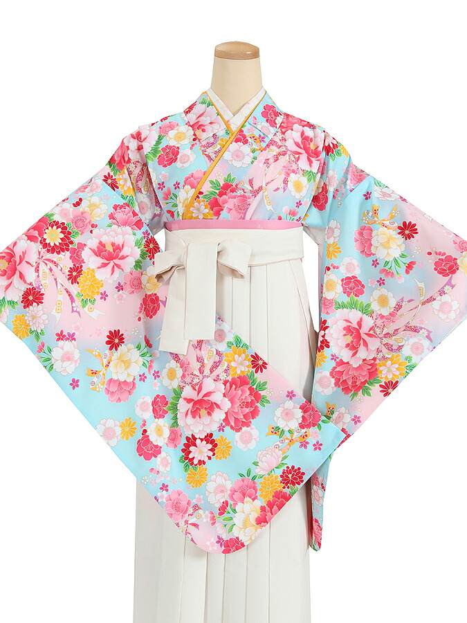 【レンタル】【着物セット】卒業式　袴　レンタル　小学生用/卒業袴 レンタル/ 卒業袴セット　女の子　ジュニア　サイズ/SG-103 水色地 花リボン｜きものレンタル　京都きくや