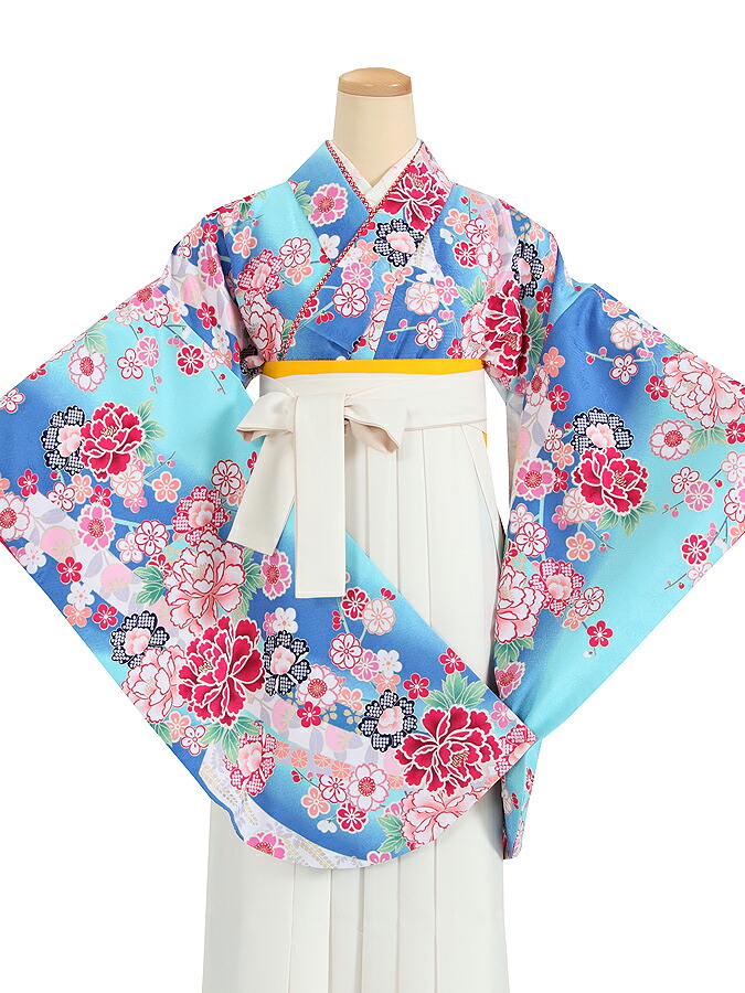 【賃借】【お召しもの仕かける】卒式 袴 賃借 女 小学生 学生 お師匠さん 卒袴 賃借 お上さん 卒袴仕かける SG-68 水色×青色地 和服-着物セット