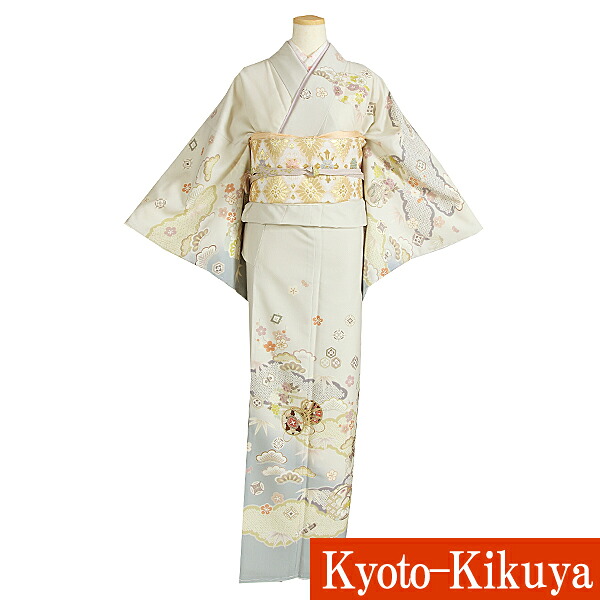 【賃借】短い訪問着賃借 フルセット お宮参り 七五三 華燭の典 御召しもの はいり込む式 お母さん【往復貨物輸送無料】H52 薄ベージュ 薄墨色ぼかし地 雲取り 鼓 松竹梅 30代・40代