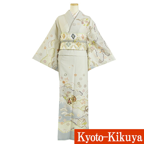 【賃借】短い訪問着賃借 フルセット お宮参り 七五三 華燭の典 御召しもの はいり込む式 お母さん【往復貨物輸送無料】H52a 薄ベージュ 薄墨色ぼかし地 雲取り 鼓 松竹梅 30代・40代