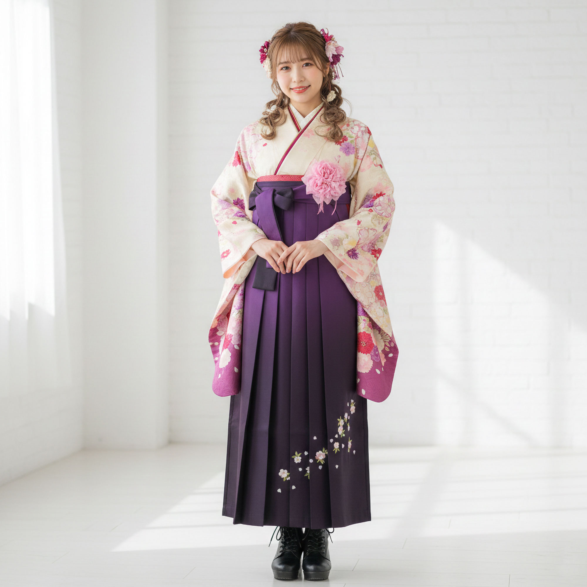 【お買い物マラソン限定クーポンで33%OFF!】【レンタル】 レディース 二尺袖 着物 袴 フルセット 【貸衣装 卒業式 大学生 女性】 LLサイズ 白 ホワイト 紫 パープル 刺繍 ボカシ【大きいサイズ 高身長向け】 入学式 成人式 前撮り 結婚式 七五三 袴セット 袴単品 振袖 半｜和装通販 きものレンタル 西織