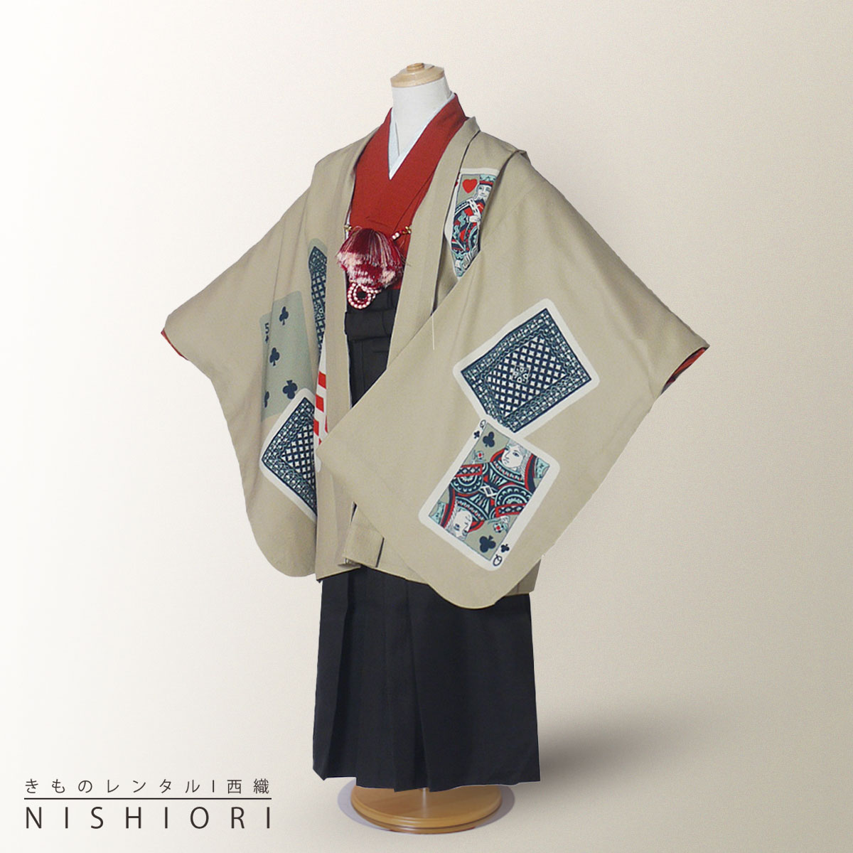 【お買い物マラソン 10%OFFクーポン配布中!】【レンタル】 卒園 七五三 【かんたん着付け】LILLI 羽織袴 五歳 男児 着物 アンサンブル セット フルセット【5歳 貸衣装 子供 男の子 着物セット】お正月 卒業式【往復送料無料】 トランプ ベージュ オレンジ 新品足袋プレゼ