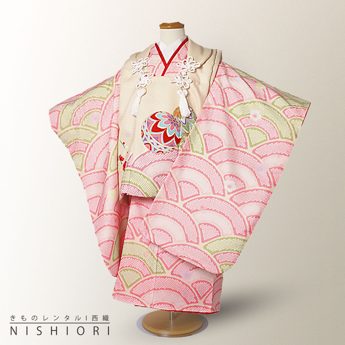 【お買い物マラソン 10%OFFクーポン配布中!】【レンタル】七五三 女の子 3歳 着物 被布 753着物 フルセット 着物 貸衣装 七五三 三歳 子供着物 女児 子ども 結婚式 和装 KAGURA ブランド ピンク クリーム 波 鹿の子柄【往復送料無料】No.3185 新品足袋プ