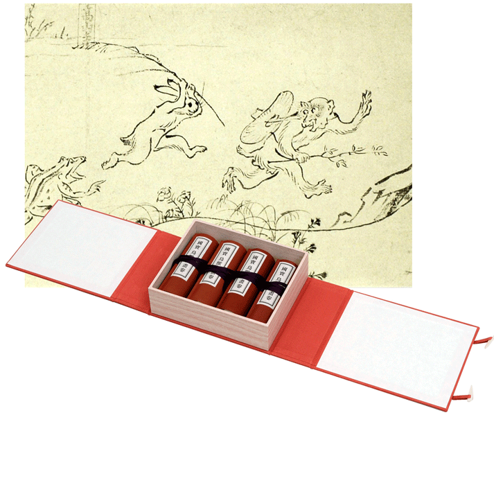 鳥獣戯画グッズ 高山寺 公式認定 レプリカ ミニ 四巻 セット 甲巻 乙巻 丙巻 丁巻 縮小絵巻物 複製 国宝 鳥獣人物戯画 インテリア プレゼント ギフト 縮小 絵巻 巻子 巻物