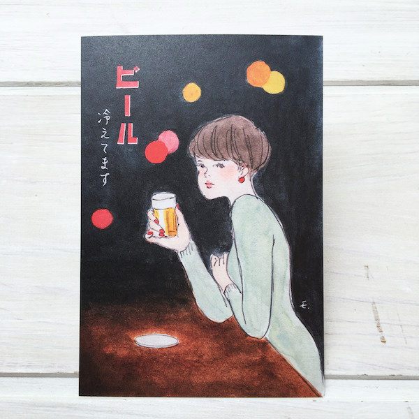 楽天市場 レトロなタッチのイラストが マスコ図画室 ポストカードビール冷えてます 夜 京都文具屋
