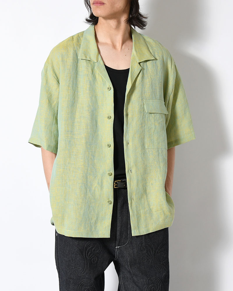 whowhat フーワット オープンカラーシャツ トップス メンズ リネン 開襟 半袖 26春夏 HEMP CHAMBRAY OPEN COLLAR SHIRT -MONET GREEN-|京都印STORE