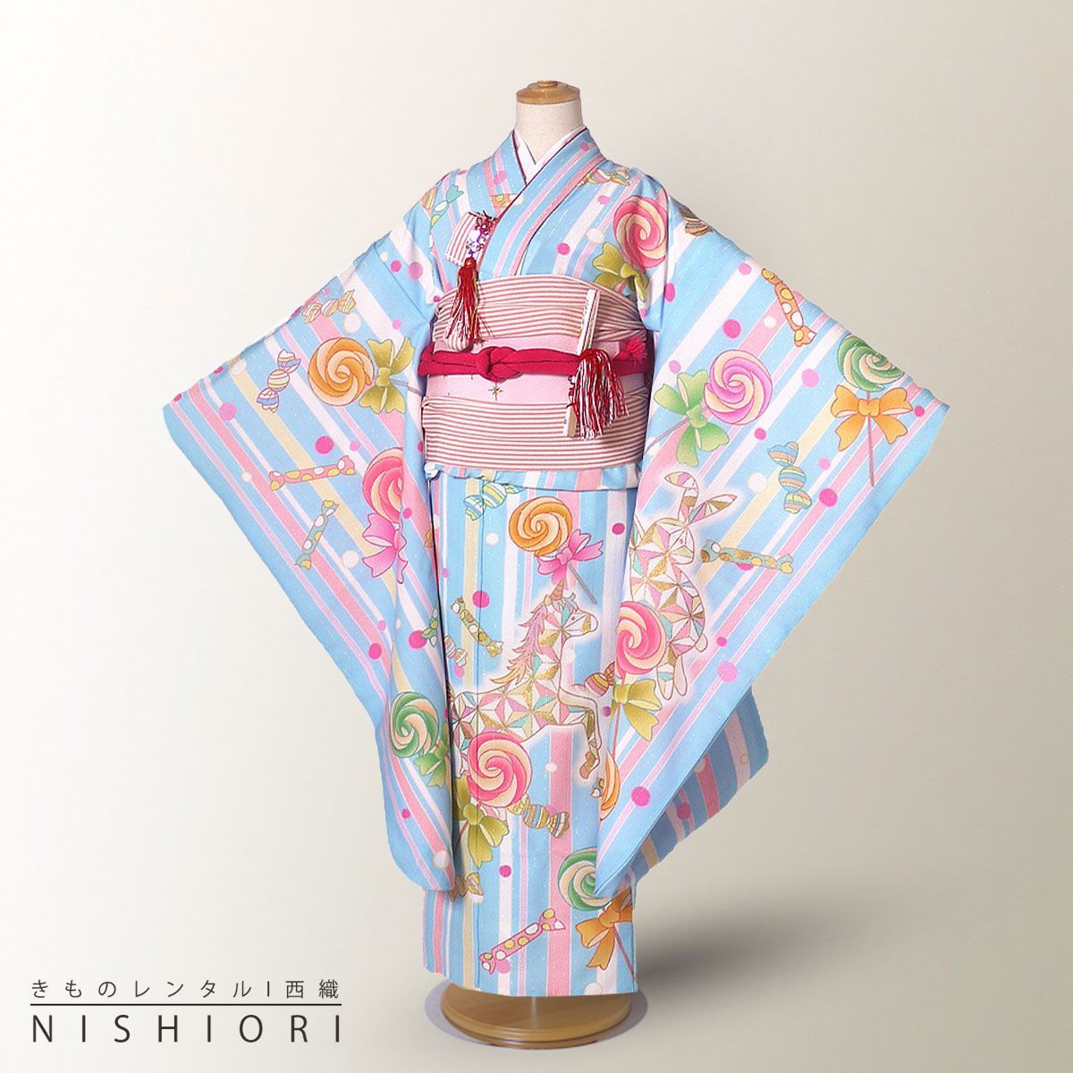 【百貨店SALE!引き換え証散り散り中】にこるん 藤田ニコル ブランド名 七五三 賃借 四つ身 御召しもの フルセット【7歳 貸御召しもの 七歳 7才】ちびっ子 お嬢さん 着物 書き割り 今めかしい【往復貨物輸送無料】砂糖菓子 水色 淡彩 幻想曲 新品足袋差し上げ物