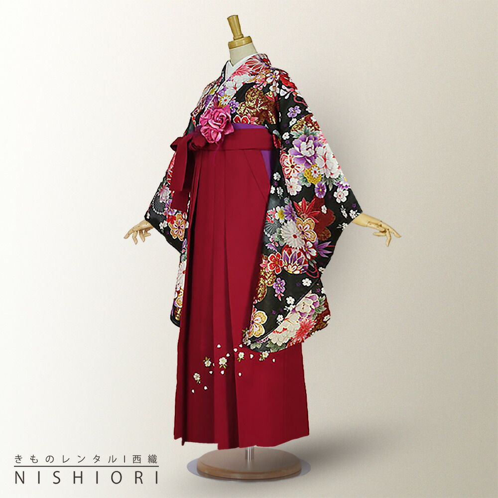 二尺袖着物と袴フルセットレンタル 【貸衣装・卒業式】【黒×赤×刺繍】袴・袴【選べる3サイズ S M L】【ジュニア袴(小学生)対応可】【往復送料無料】
