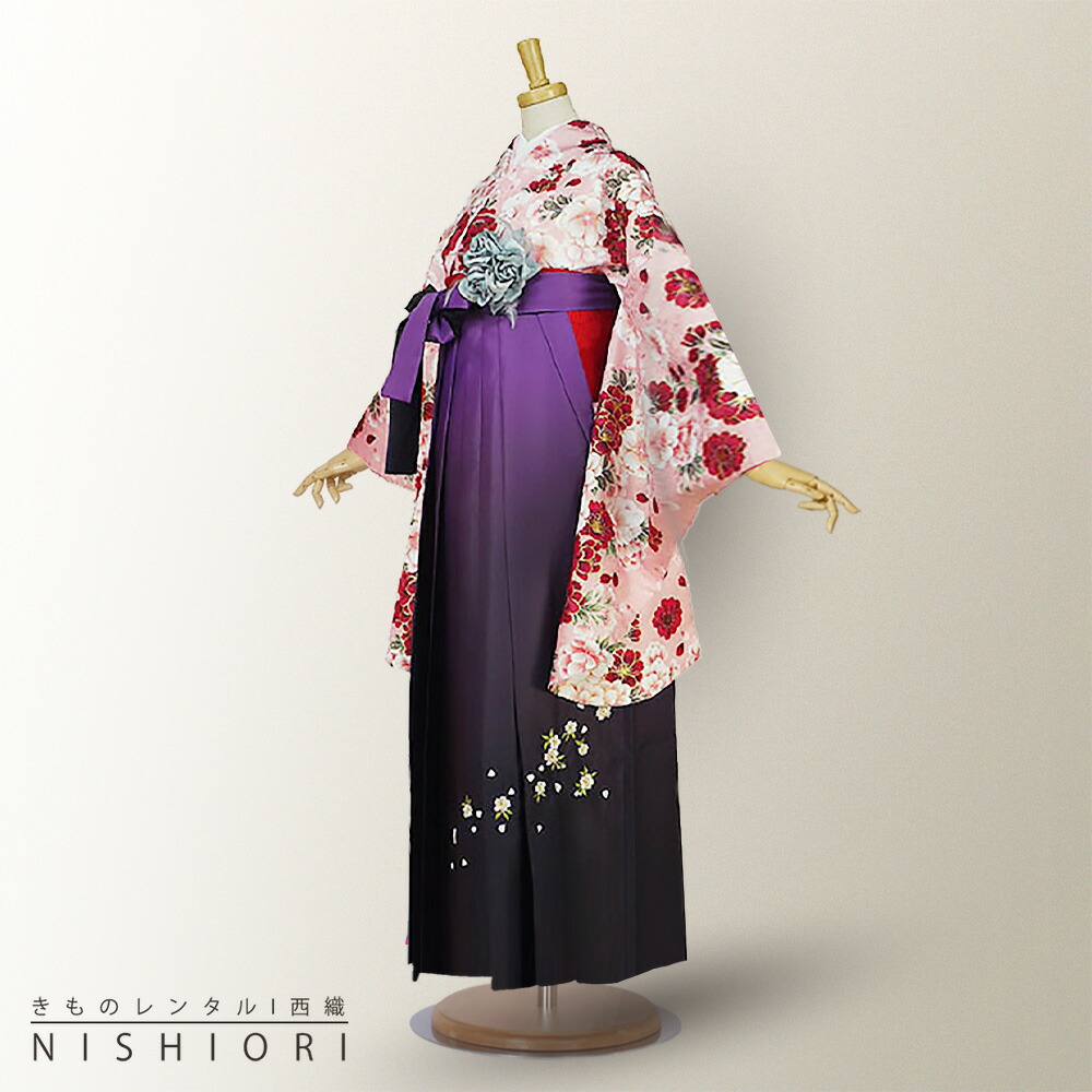 二尺袖着物と袴フルセットレンタル 【貸衣装・卒業式】【ピンク×紫×刺繍×ボカシ】袴・袴【選べる3サイズ S M L】【ジュニア袴(小学生)対応可】【往復送料無料】