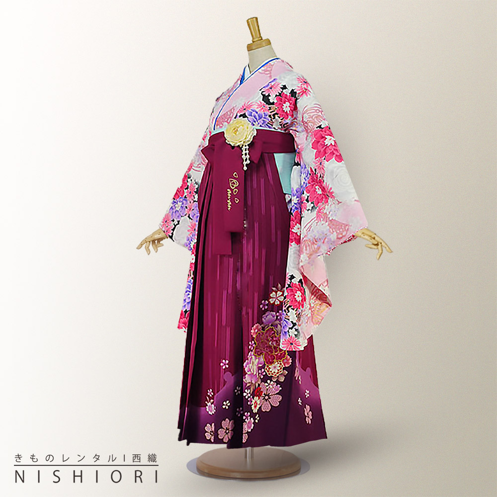 2尺袖着物と袴フルセットレンタル 【貸衣装・卒業式】【anan/アンアン】【HL/アッシュエル】【ピンク×ワイン×刺繍×ボカシ】袴・袴【Mサイズ】【ジュニア袴(小学生)対応可】【往復送料無料】