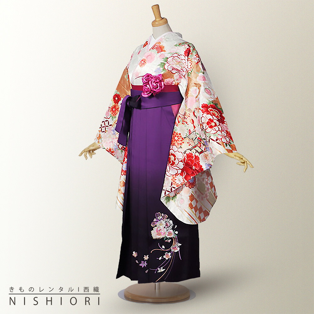 2尺袖 着物 袴 フルセット レンタル 【貸衣装・卒業式・二尺袖】From Kyoto ブランド袴・袴【選べる3サイズ S M L】【白 紫 刺繍 ボカシ】【ジュニア袴(小学生)対応可】【往復送料無料】