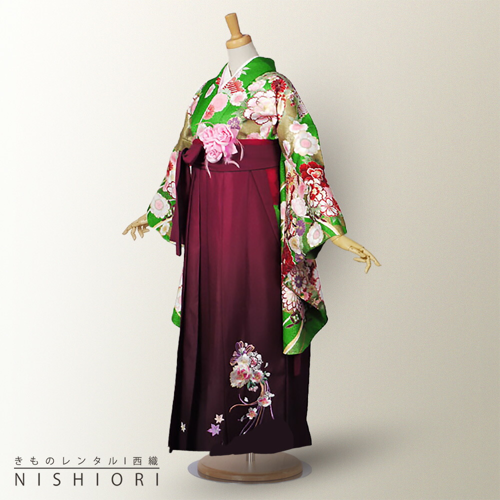 2尺袖 着物 袴 フルセット レンタル 【貸衣装・卒業式・二尺袖】From Kyoto ブランド袴・袴【選べる3サイズ S M L】【緑 紫 パープル えんじ 刺繍 ボカシ】【ジュニア袴(小学生)対応可】【往復送料無料】