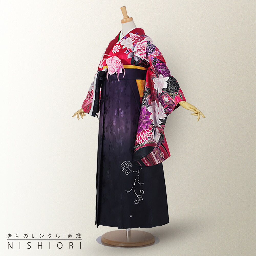 2尺袖 着物 袴 フルセット レンタル 【貸衣装・卒業式・二尺袖】From Kyoto ブランド袴・袴【Mサイズ】【赤 紫 パープル 刺繍 ボカシ 】【ジュニア袴(小学生)対応可】【往復送料無料】