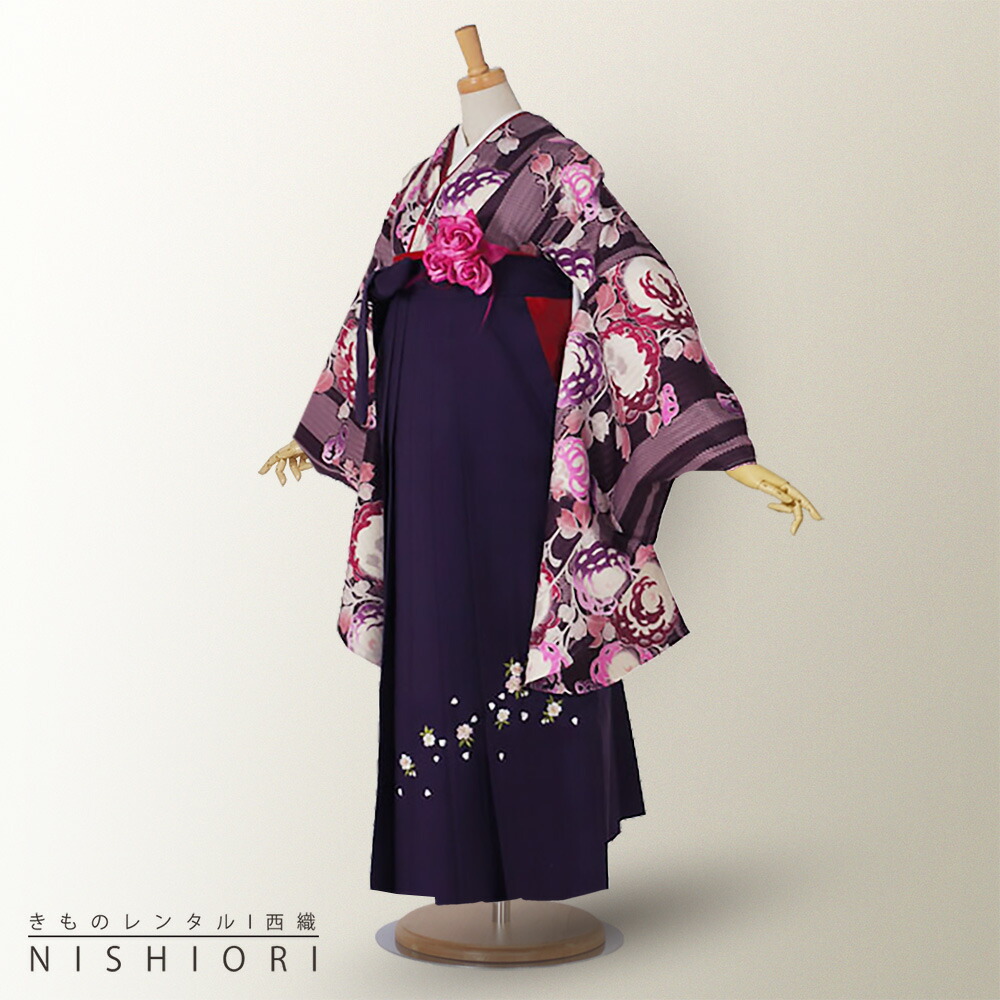 2尺袖 着物 袴 フルセット レンタル 【貸衣装・卒業式・二尺袖】From Kyoto ブランド袴・袴【選べる3サイズ S M L】【黒 ブラック 紫 パープル 刺繍 】【ジュニア袴(小学生)対応可】【往復送料無料】