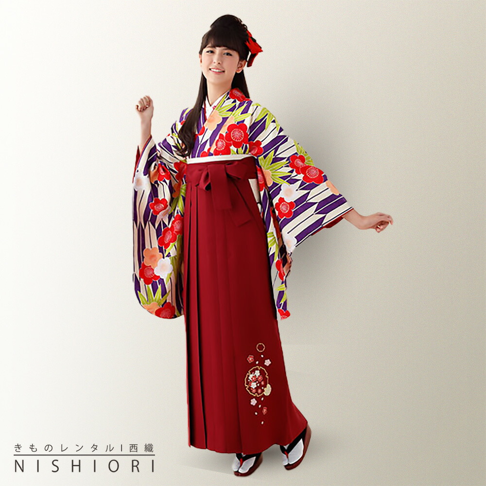 2尺袖 着物 袴 フルセット レンタル 【貸衣装・卒業式・二尺袖】【夢千代】袴・袴【Mサイズ】【紫 パープル 赤 古典】【ジュニア袴(小学生)対応可】【往復送料無料】