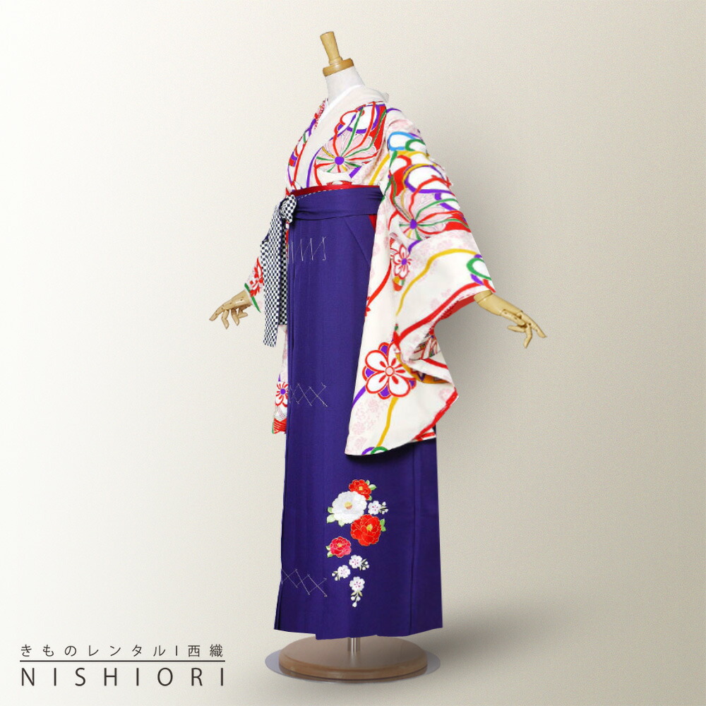 二尺袖 着物 と袴 フルセット レンタル 【貸衣装・卒業式】【紅一点×九重】【古典 白 鞠 青紫 無地 刺繍】袴・袴L サイズ【ジュニア袴(小学生)対応可】【往復送料無料】