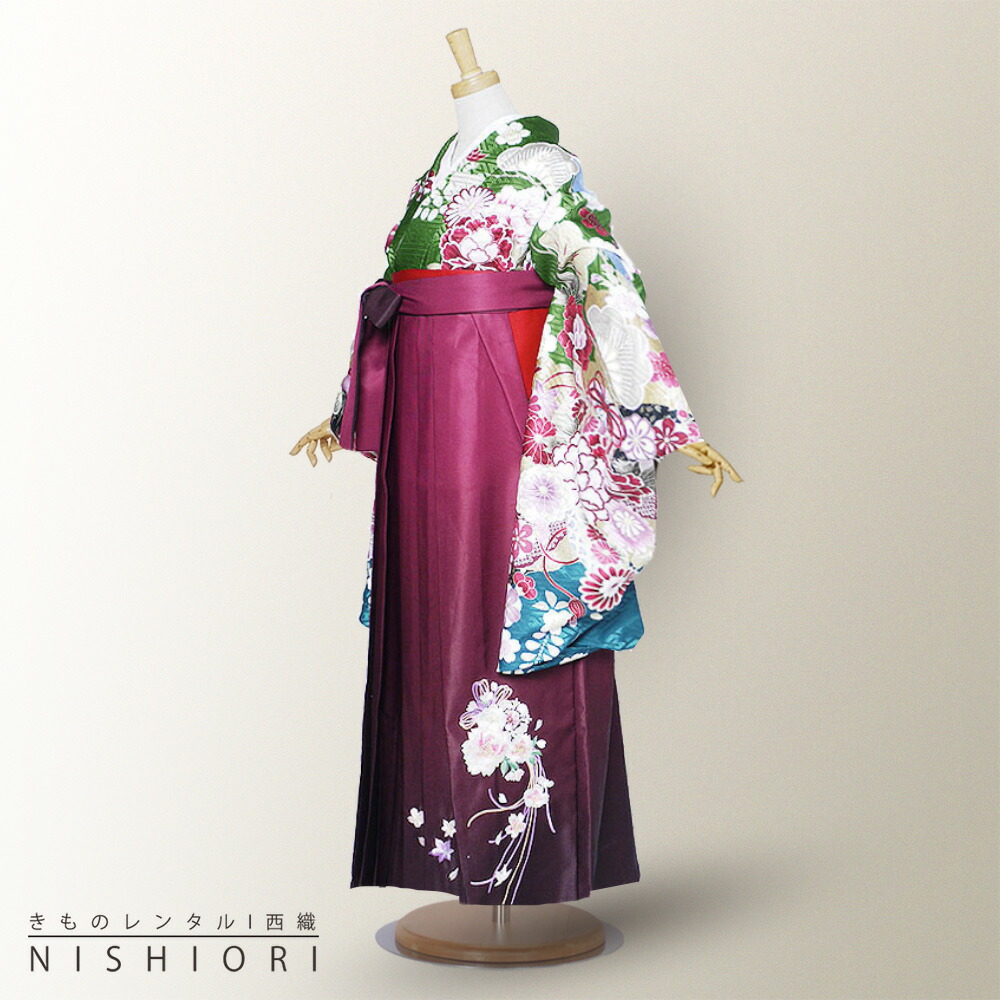 二尺袖 着物 と袴 フルセット レンタル 【貸衣装・卒業式】【From Kyoto】【古典 緑 ワイン ボカシ 刺繍】袴・袴選べる3サイズ S M L【ジュニア袴(小学生)対応可】【往復送料無料】