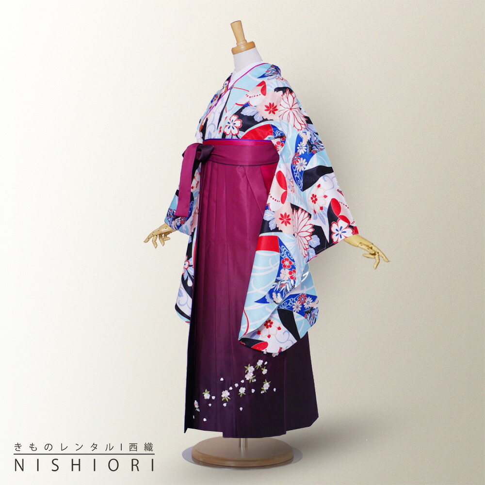 二尺袖 着物 と袴 フルセット レンタル 【貸衣装・卒業式】【レトロ 古典】袴・袴 選べる3サイズ S M L 【ジュニア袴(小学生)対応可】青 黒 赤 ワイン ボカシ 刺繍【往復送料無料】