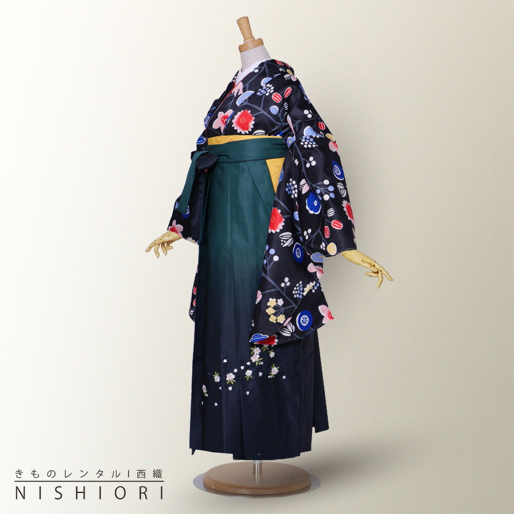 二尺袖 着物 と袴 フルセット レンタル 【貸衣装・卒業式】【レトロ 古典】袴・袴 選べる3サイズ S M L 【ジュニア袴(小学生)対応可】黒 緑 ボカシ 刺繍【往復送料無料】 6,952円