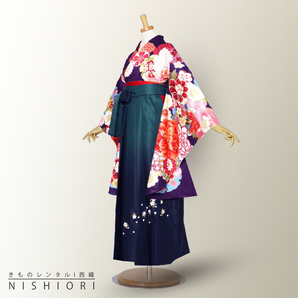 二尺袖 着物 と袴 フルセット レンタル 【From KYOTO】往復送料無料 貸衣装・卒業式 古典 モダン レトロ【Sサイズ Mサイズ Lサイズ/ジュニア袴(小学生)対応可】紫 緑 グラデーション【往復送料無料】