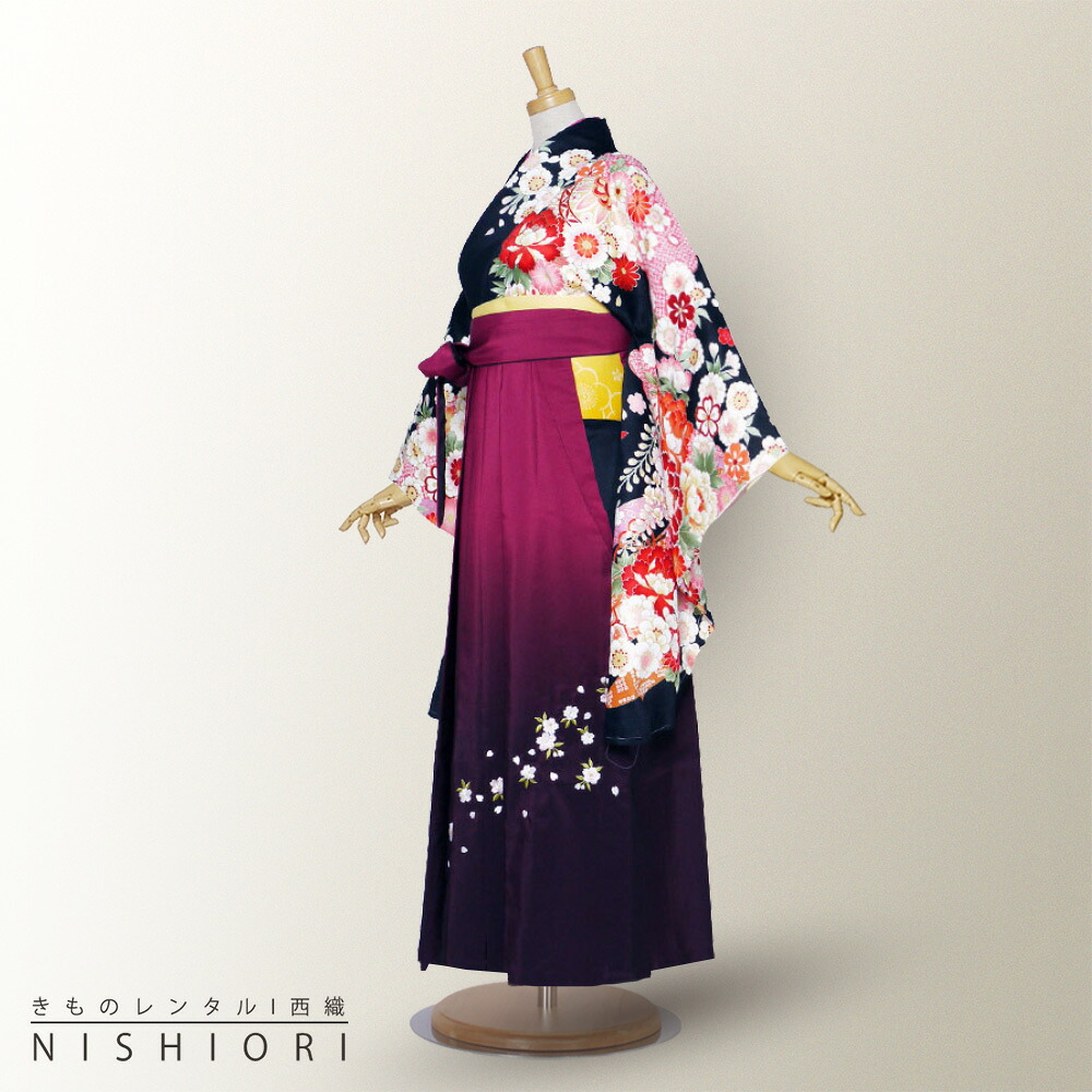 二尺袖 着物 と袴 フルセット レンタル 【From KYOTO】往復送料無料 貸衣装・卒業式 古典 モダン レトロ【Sサイズ Mサイズ Lサイズ/ジュニア袴(小学生)対応可】黒 牡丹 紫 グラデーション【往復送料無料】