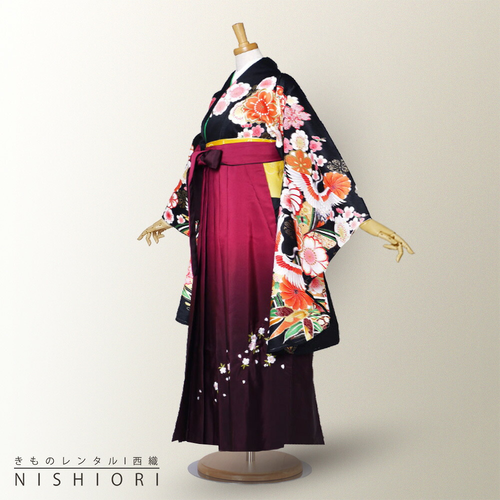 二尺袖 着物 と袴 フルセット レンタル 【From KYOTO】往復送料無料 貸衣装・卒業式 古典 モダン レトロ【Sサイズ Mサイズ Lサイズ/ジュニア袴(小学生)対応可】黒 ワイン【往復送料無料】