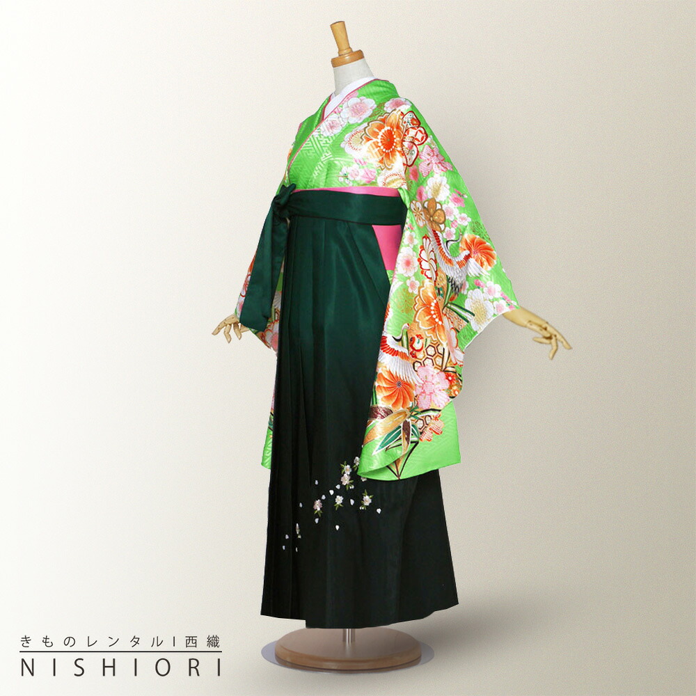 絵羽柄 二尺袖 ブランド着物 と袴 フルセット レンタル 【From KYOTO】往復送料無料 貸衣装・卒業式 古典 モダン レトロ【Sサイズ Mサイズ Lサイズ/ジュニア袴(小学生)対応可】金彩 緑 鶴【往復送料無料】