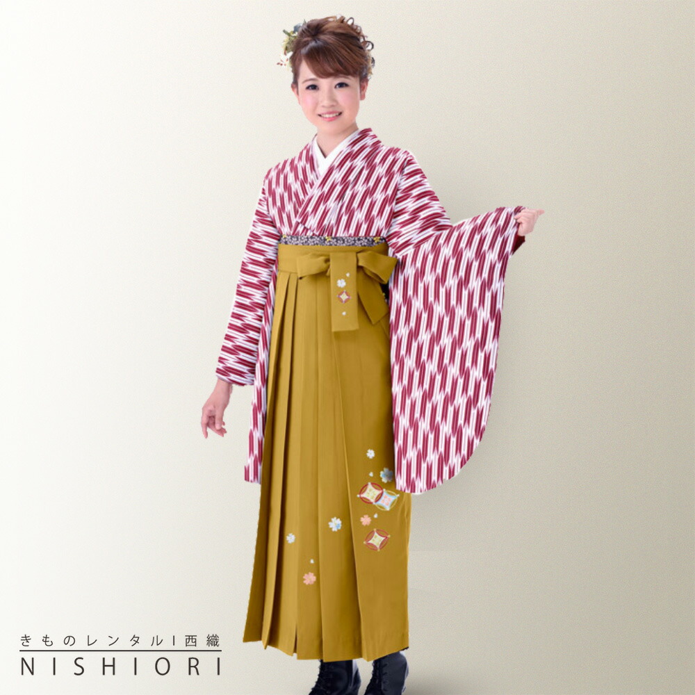 格安新品 着物セット 二尺袖着物 と 刺繍袴 フルセット レンタル 往復送料無料 貸衣装 卒業式 古典 モダン レトロ Mサイズ ジュニア袴 小学生 対応可 赤 矢絣 黄色 Moto Stojany Cz