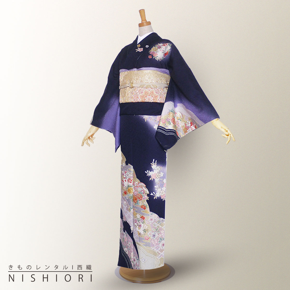 賃借 短い訪問着フルセット【卒式・七五三・御芽出度・お宮参り】 【正絹・京友禅】【短い訪問着賃借 ・貸お召しもの】【無償性大きさ】濃紺色系【往復貨物輸送無料】
