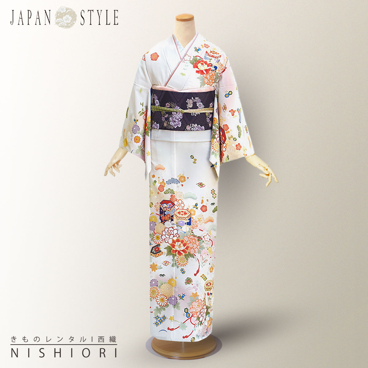 賃借 短い訪問着 フルセット JAPAN STYLE ブランド名【はいり込む式 卒式 七五三 御芽出度 お宮参り 貸お召しもの】【無償性大きさ】象牙色 生み出すことり 松竹梅【往復貨物輸送無料】
