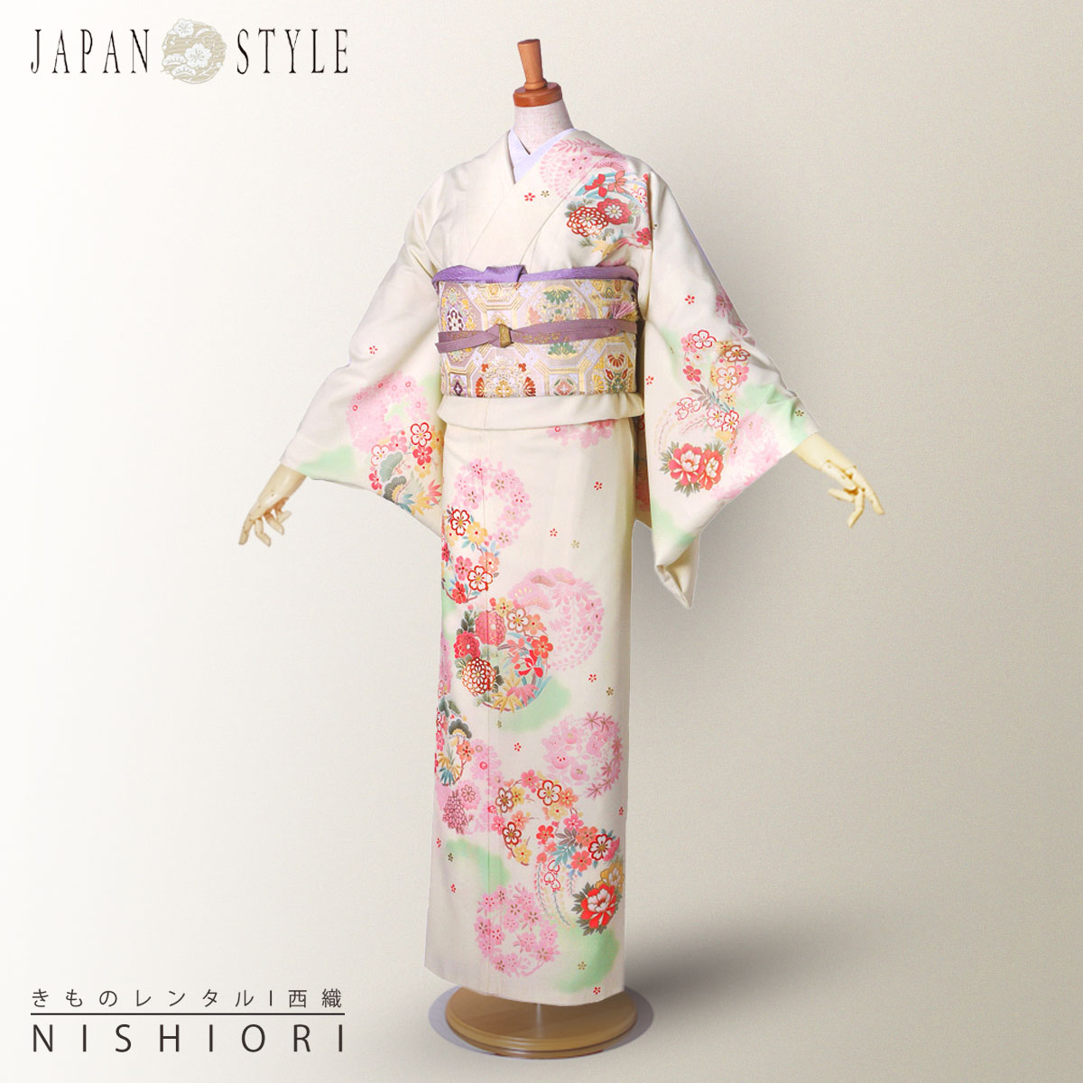 レンタル 訪問着 フルセット JAPAN STYLE ブランド【入学式 卒業式 七五三 結婚式 お宮参り 貸衣装】【フリーサイズ】クリーム 黄系 花輪【往復送料無料】