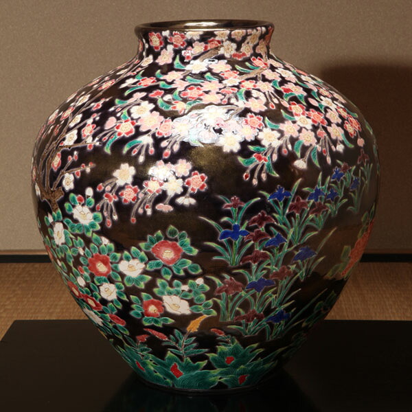 燦作紫交趾四季顕花植物壷    【貨物輸送無料】【smtb-k】【ky】【花器】【壷】【京焼】【清水焼】【瀬戸もの】