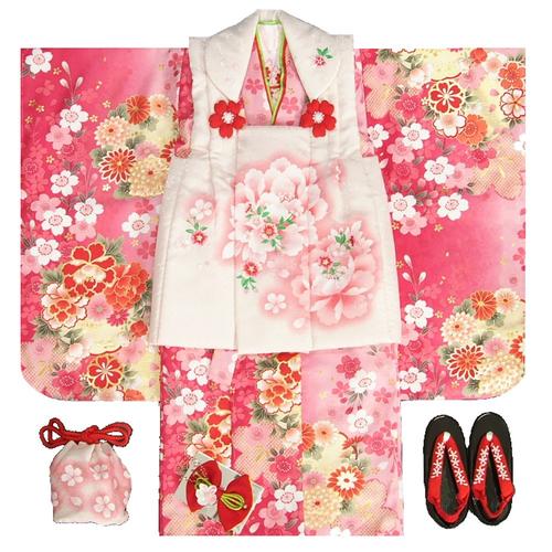 七五三　着物　被布セット着物　3歳　女の子　被布セット　 マユミ　濃淡ピンク地　被布淡いピンク　刺繍桜　芍薬　足袋付き12点フルセット