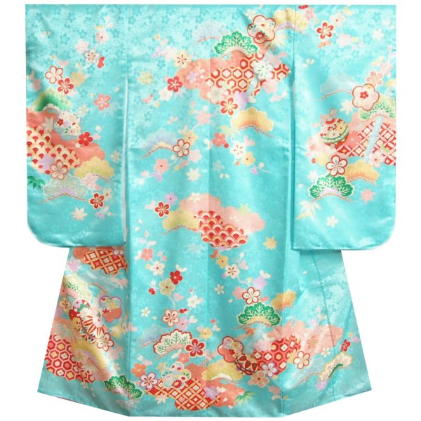 七五三 着物 7歳 女の子 四つ身着物 花うさぎブランド 水色 松竹梅 絵羽柄 桜地紋生地｜お宮参りと七五三の京美（KYOUBI）